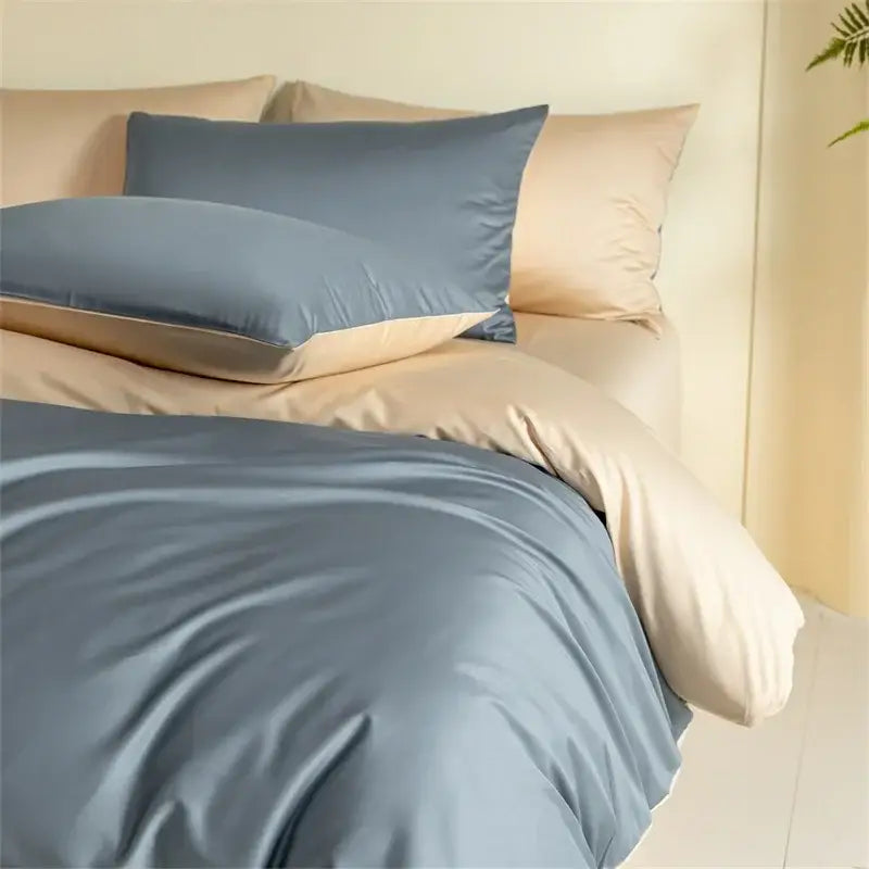 Blue Beige Egyptian Cotton Queen Bedding Set