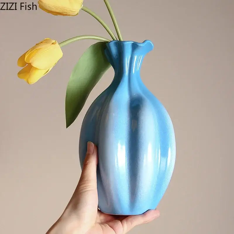 Blue Ribbed Ceramic Flower Vase