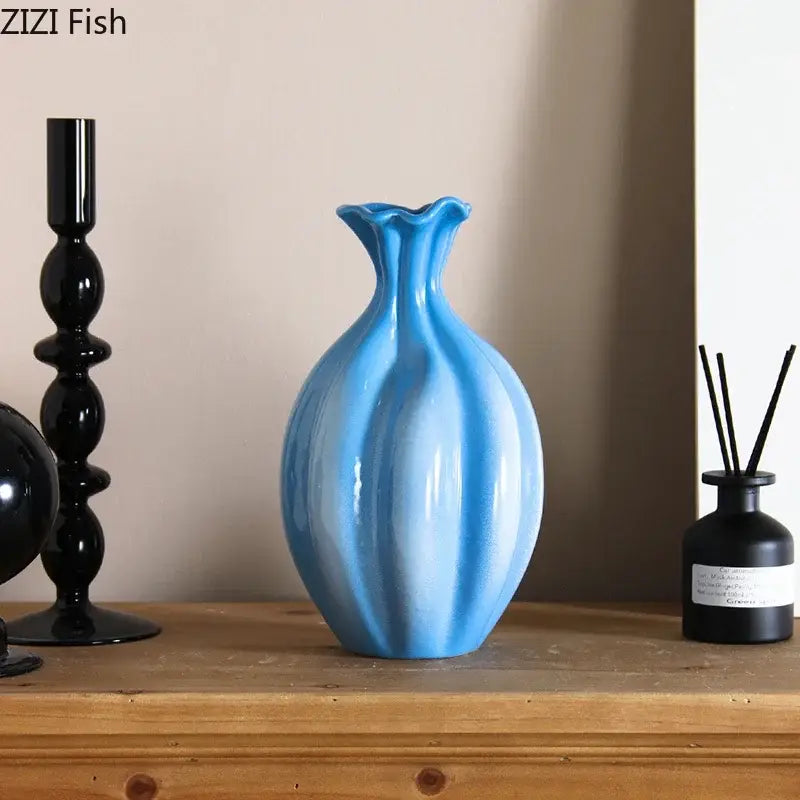 Blue Ribbed Ceramic Flower Vase