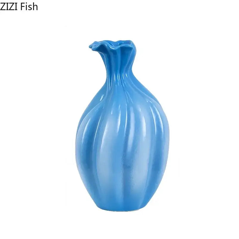 Blue Ribbed Ceramic Flower Vase
