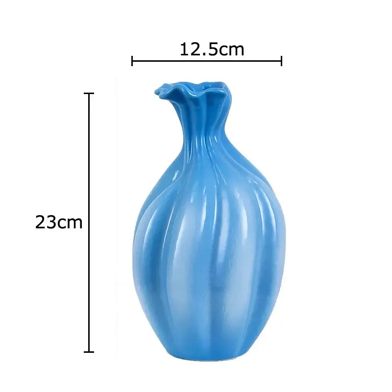Blue Ribbed Ceramic Flower Vase