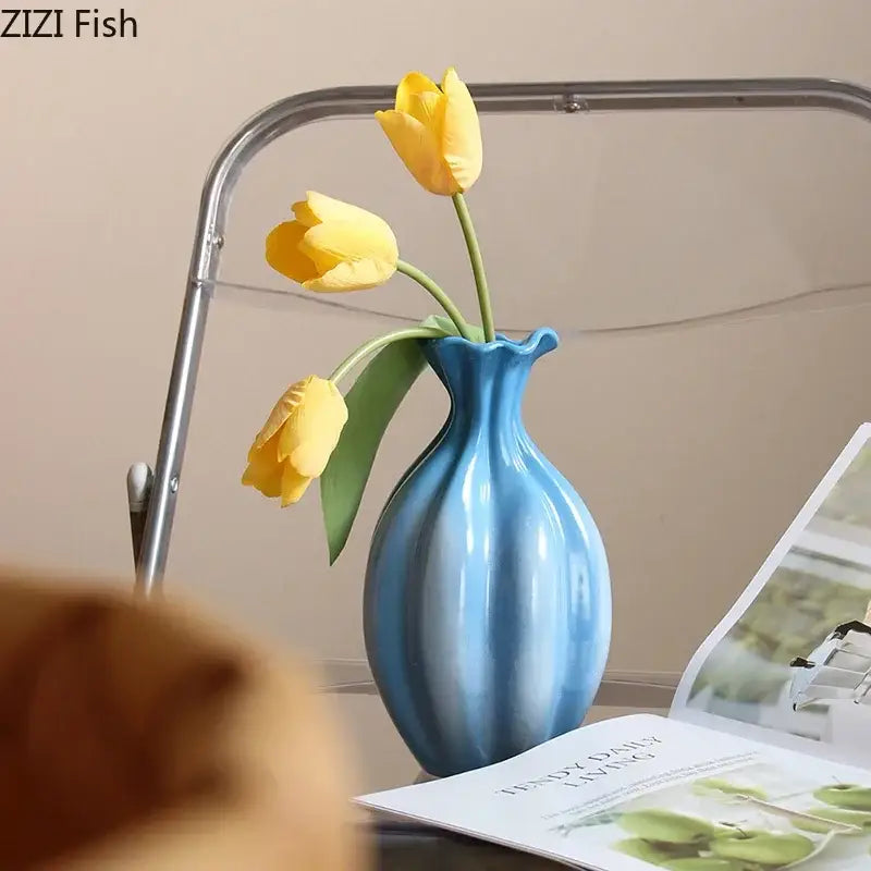 Blue Ribbed Ceramic Flower Vase