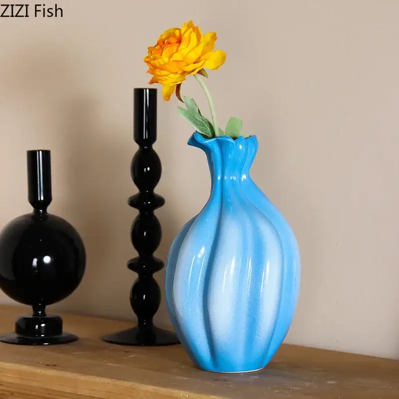 Blue Ribbed Ceramic Flower Vase