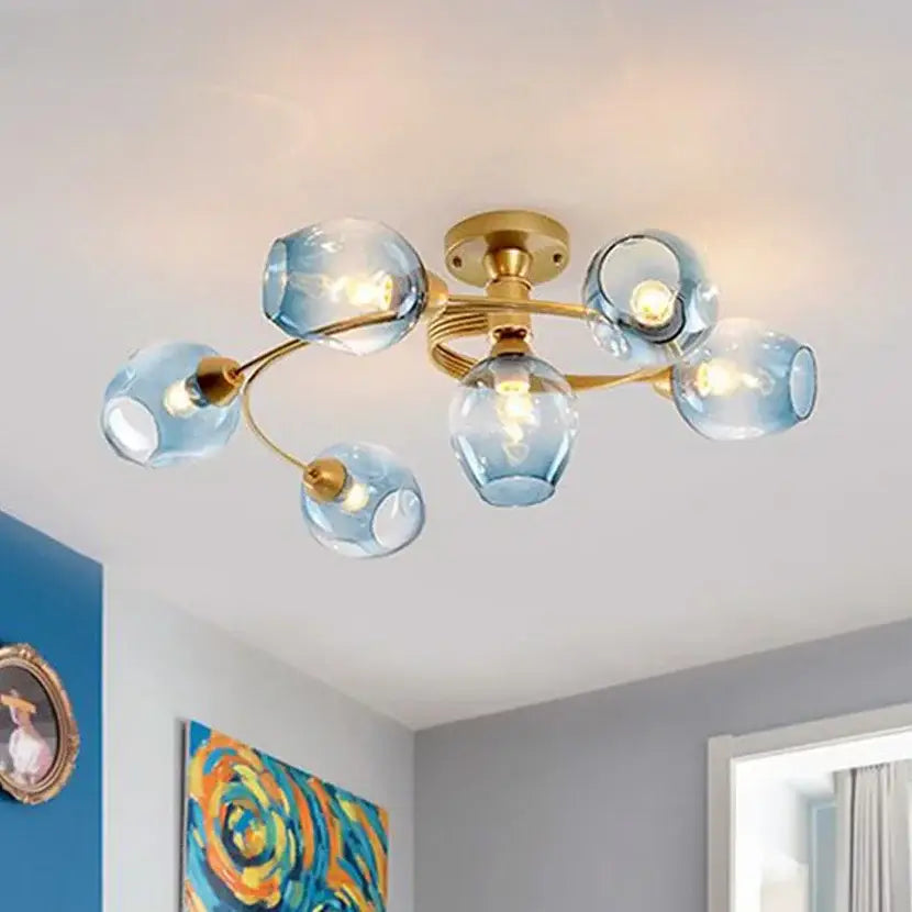 Blue Glass Brass Chandelier