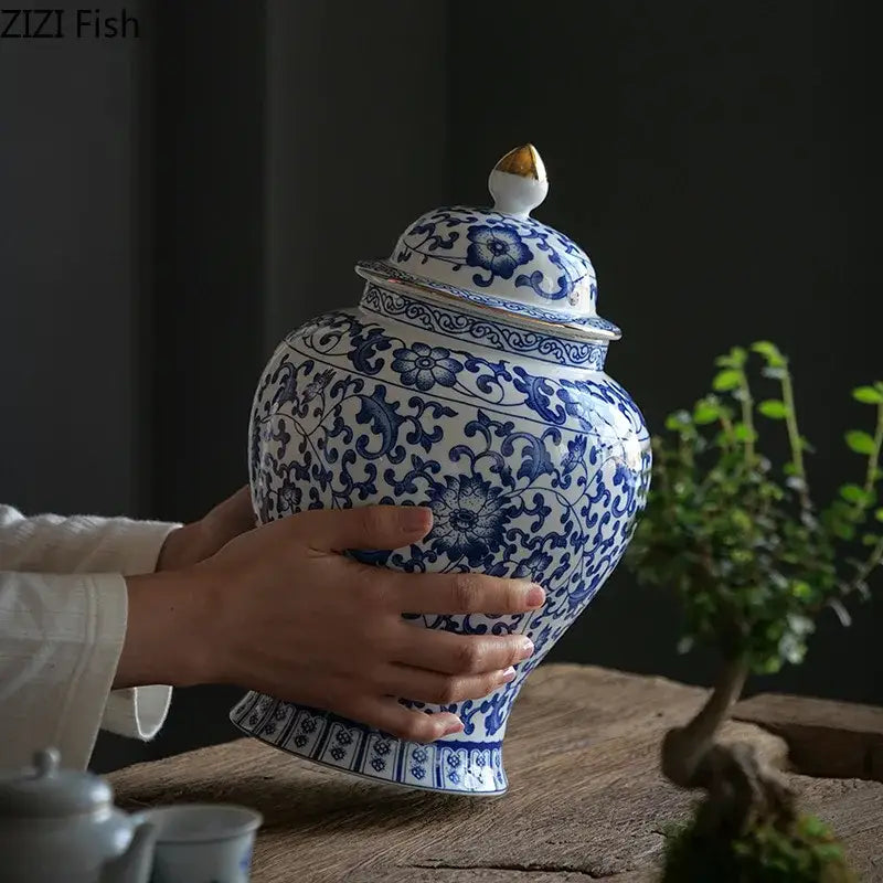 Blue Porcelain Gold Jar Decor