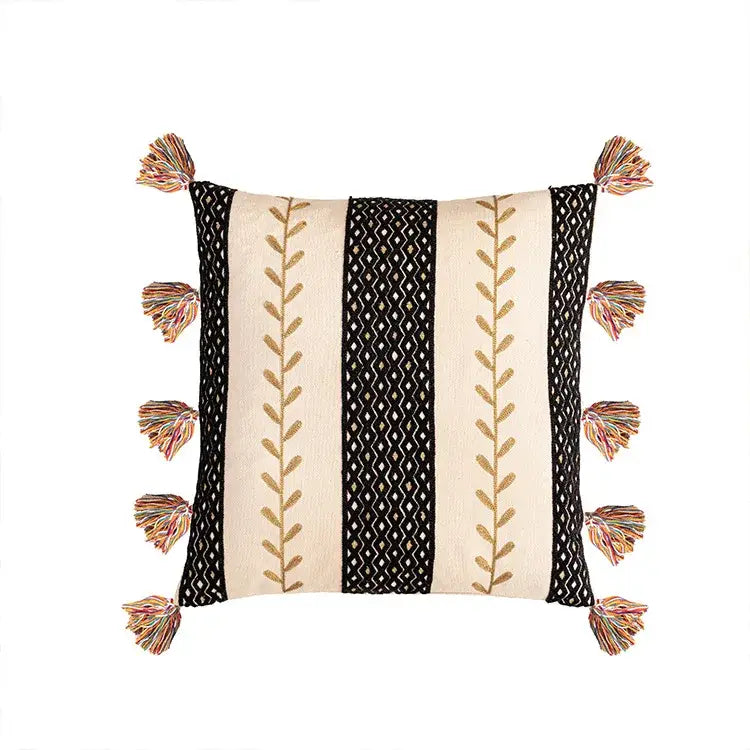 Beige Black Embroidered Cushion