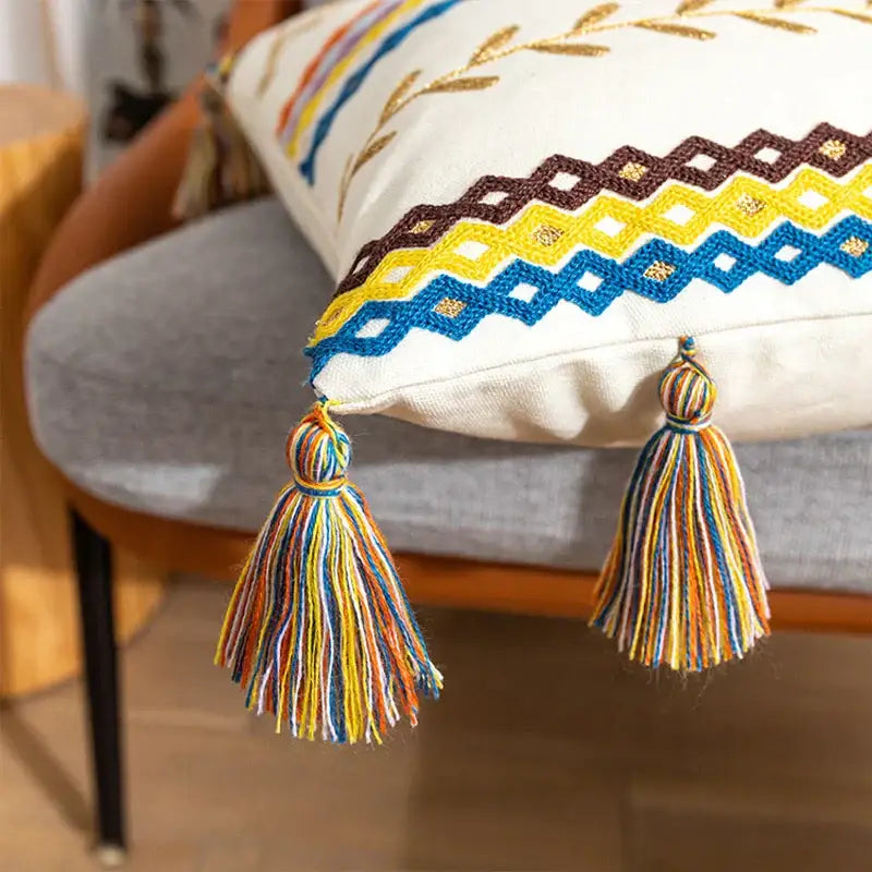 Beige Black Embroidered Cushion