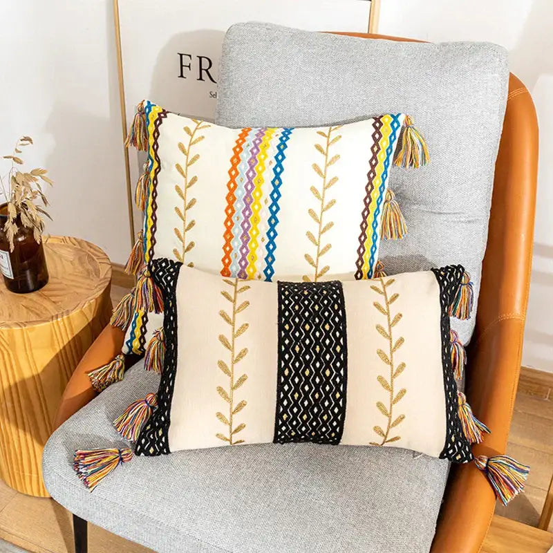 Beige Black Embroidered Cushion