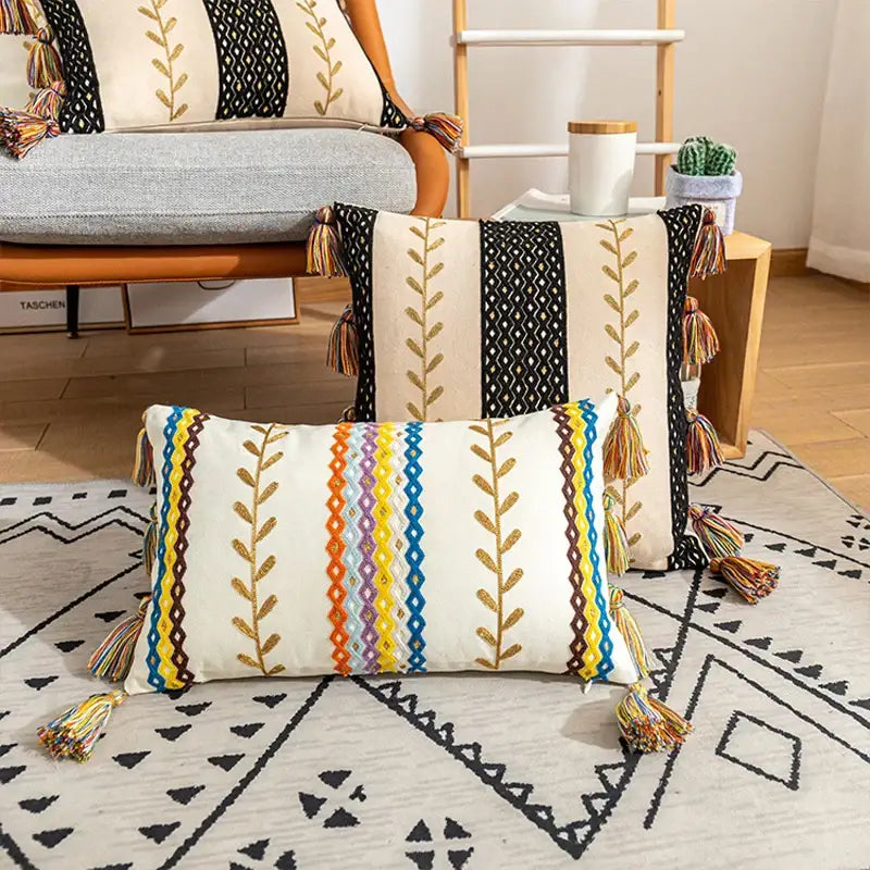 Beige Black Embroidered Cushion