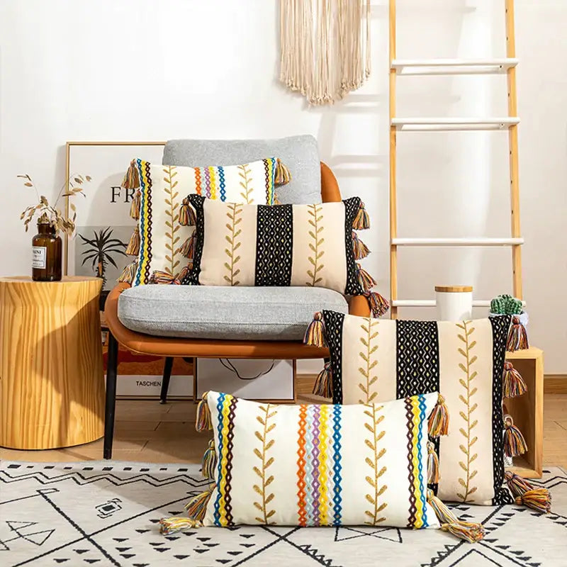 Beige Black Embroidered Cushion