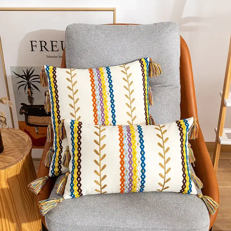 Beige Black Embroidered Cushion