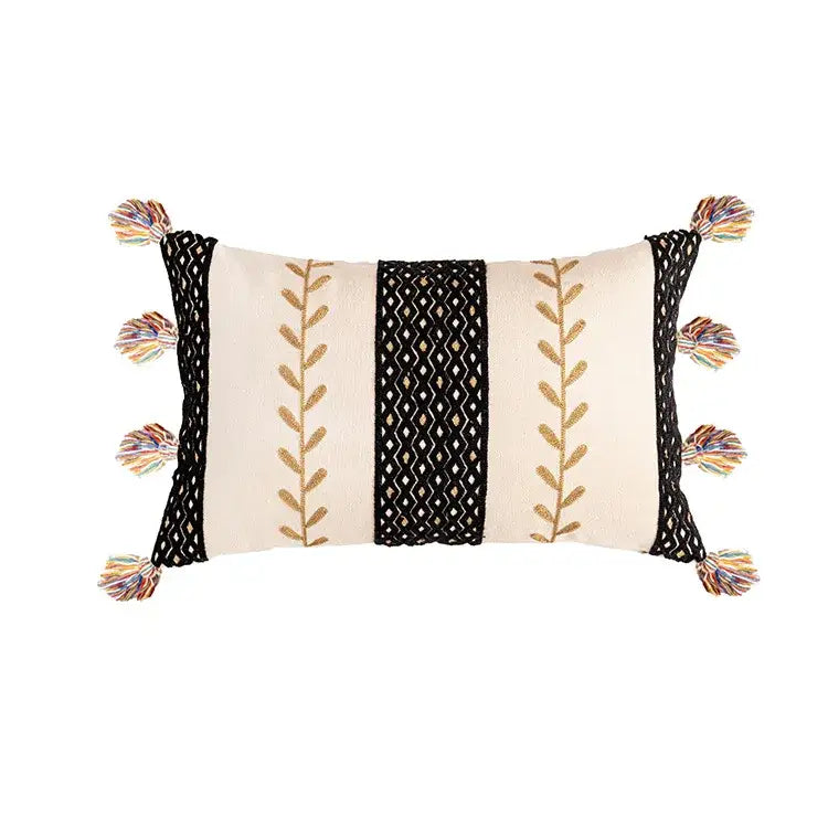 Beige Black Embroidered Cushion