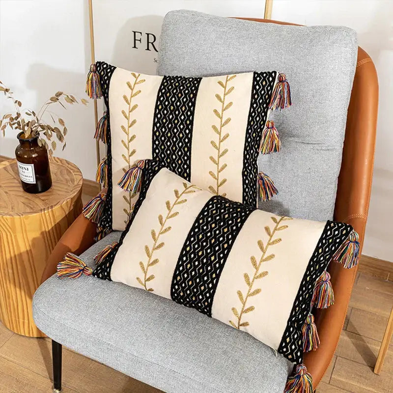 Beige Black Embroidered Cushion