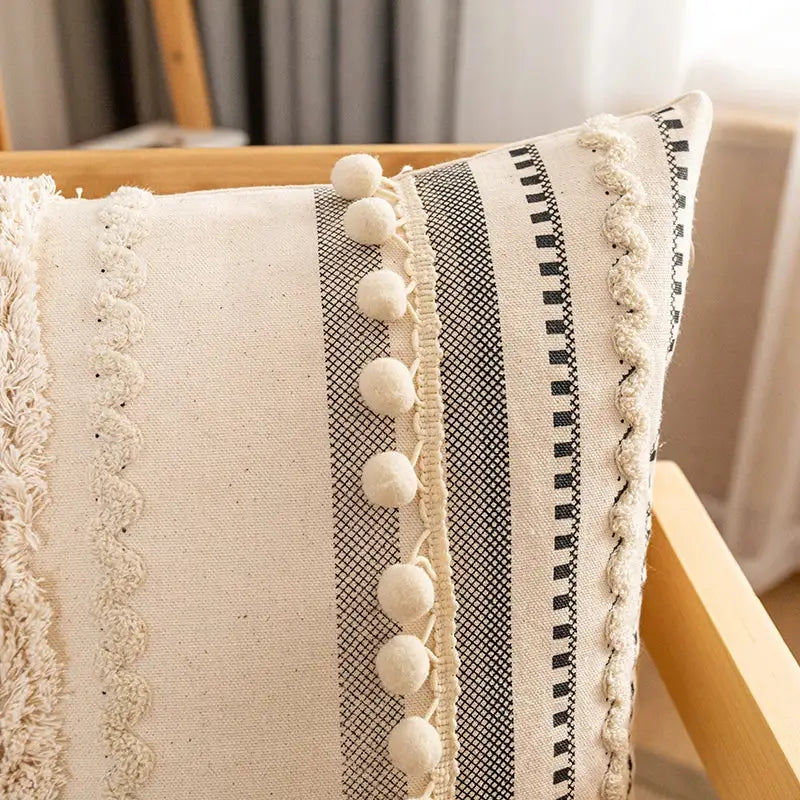 Cream Striped Cotton Pillow