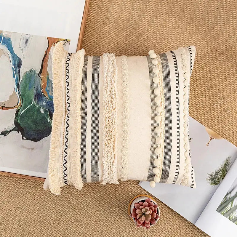 Cream Striped Cotton Pillow