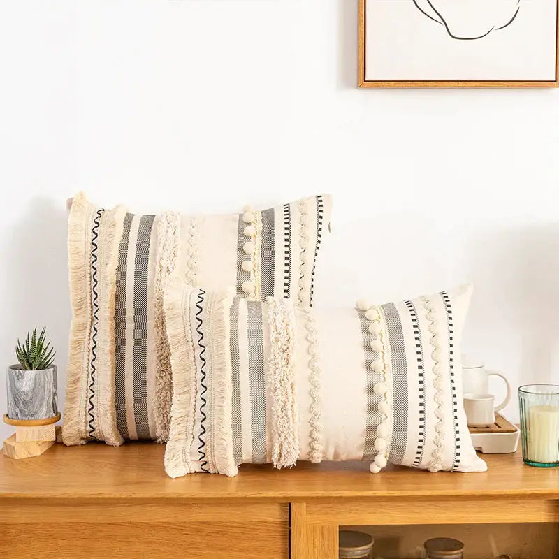 Cream Striped Cotton Pillow