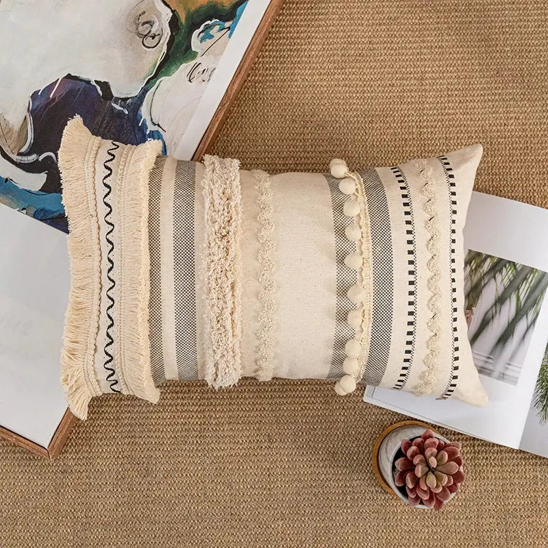 Cream Striped Cotton Pillow