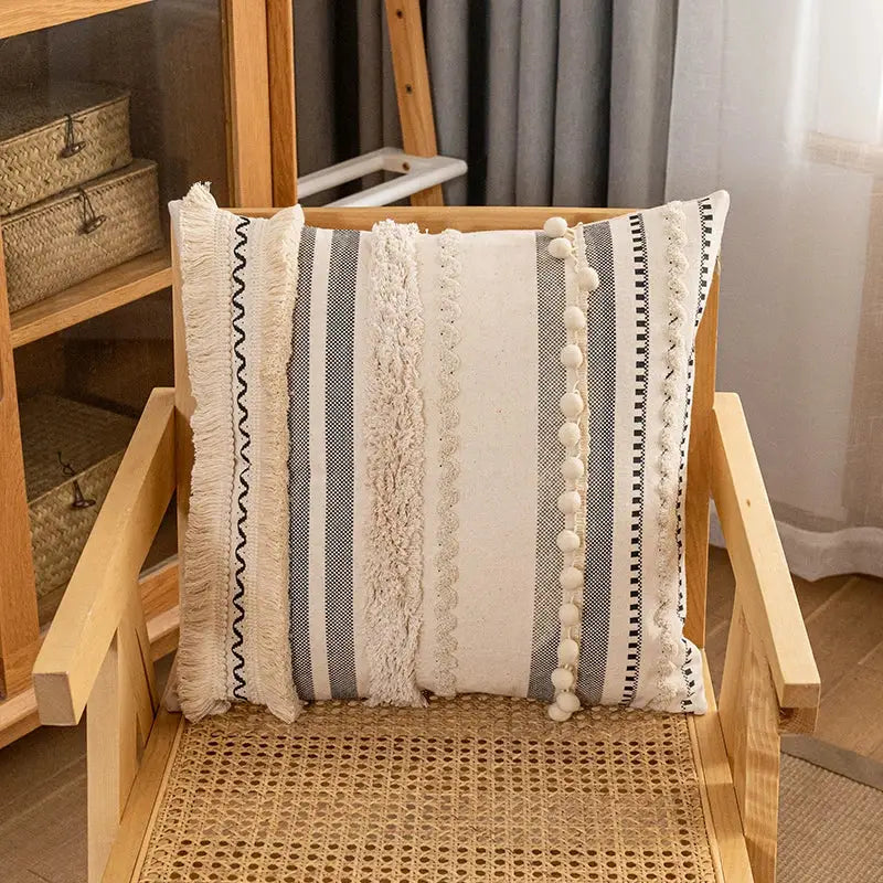 Cream Striped Cotton Pillow