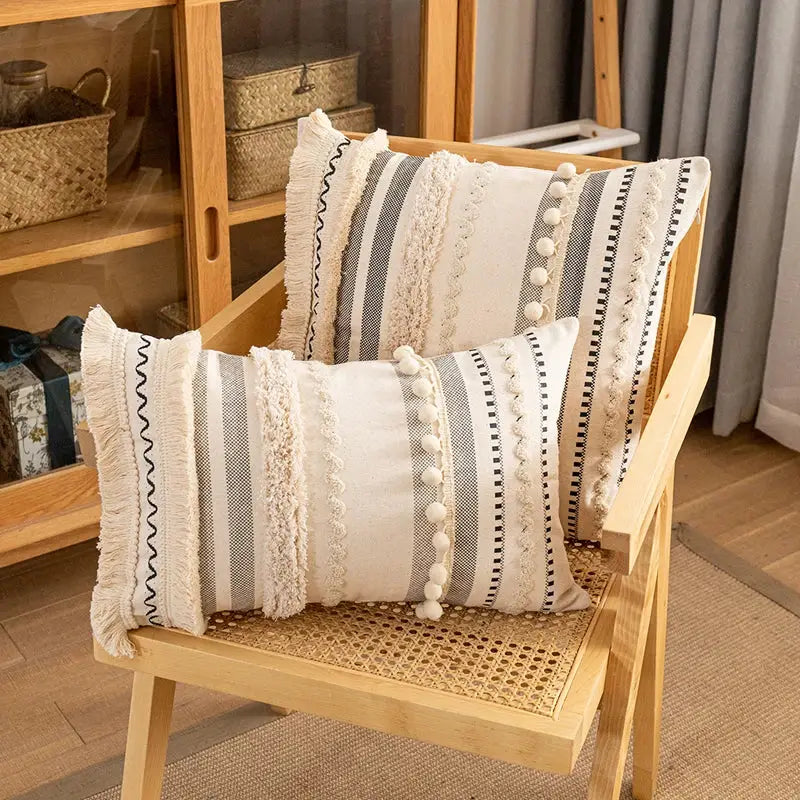 Cream Striped Cotton Pillow