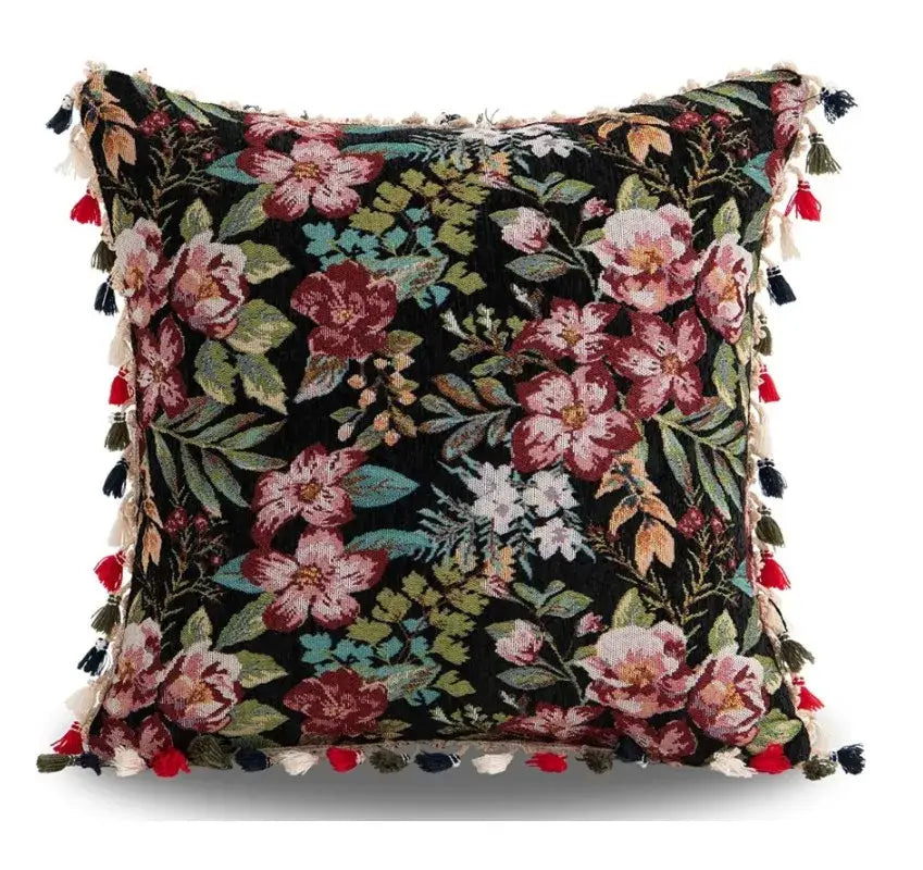 Black Boho Floral Cushion
