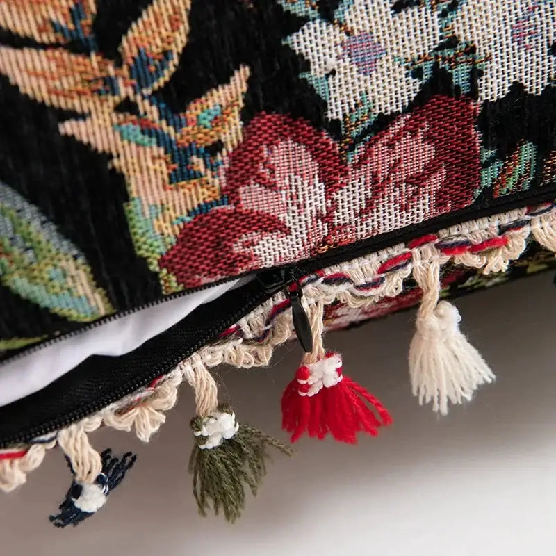 Black Boho Floral Cushion