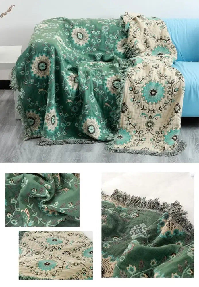Green Floral Cotton Throw