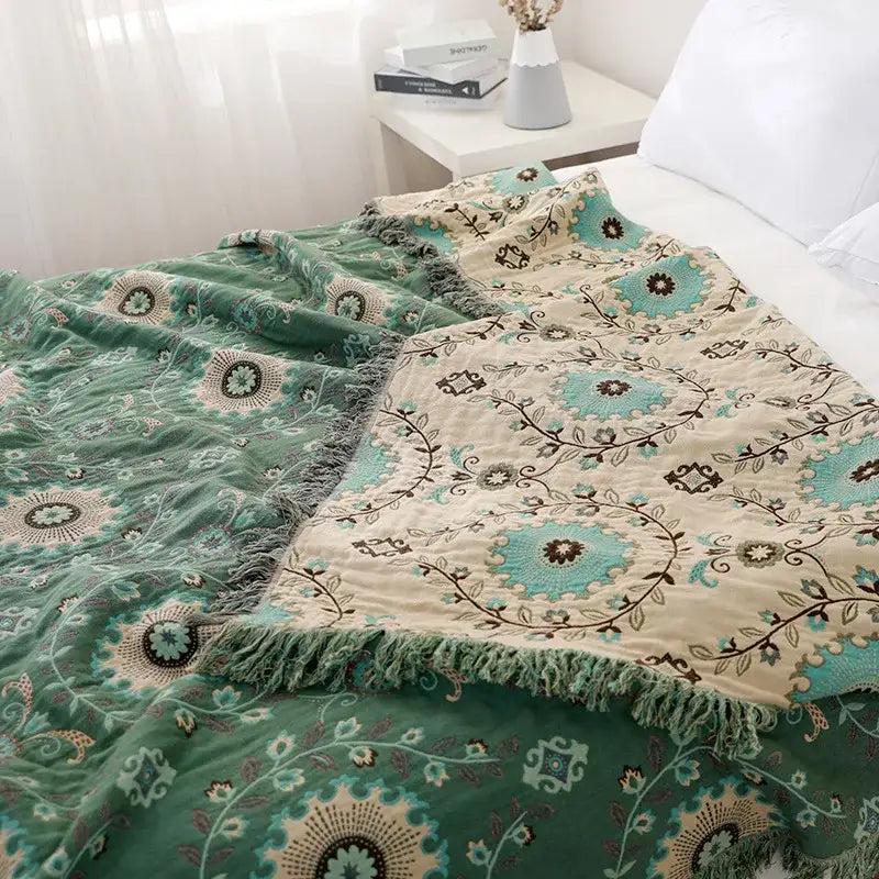 Green Floral Cotton Throw