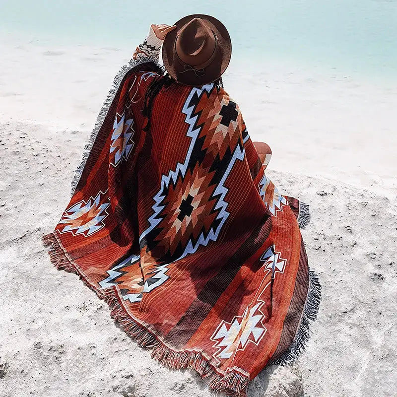 Red Blue Geometric Knit Throw