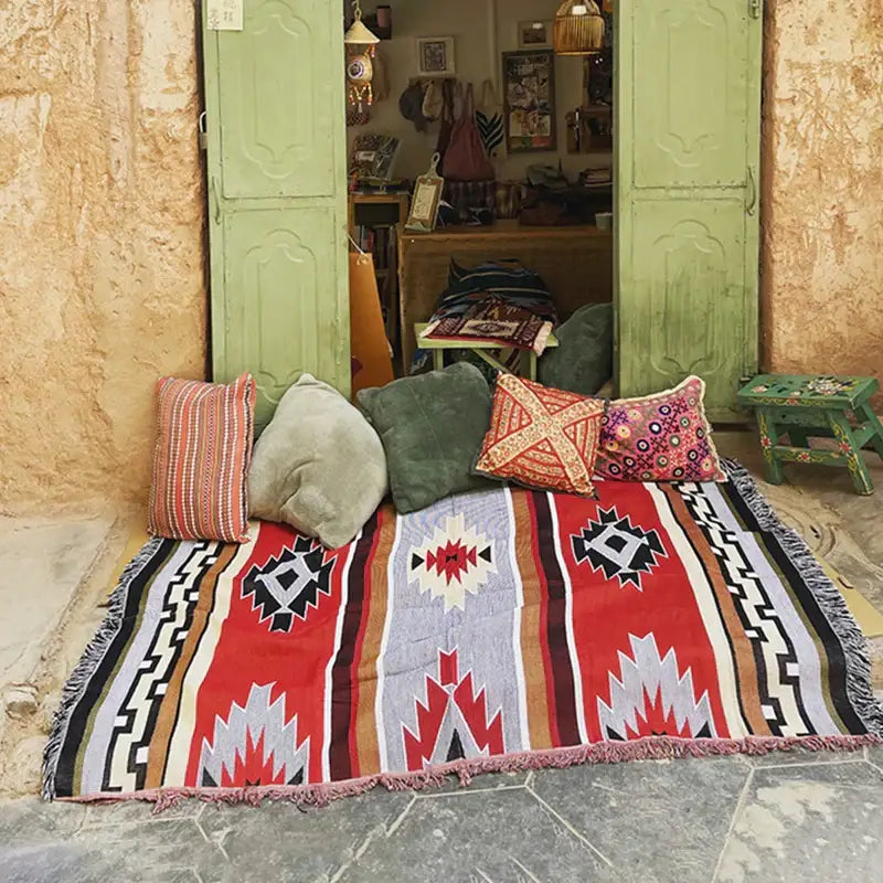 Red Blue Geometric Knit Throw