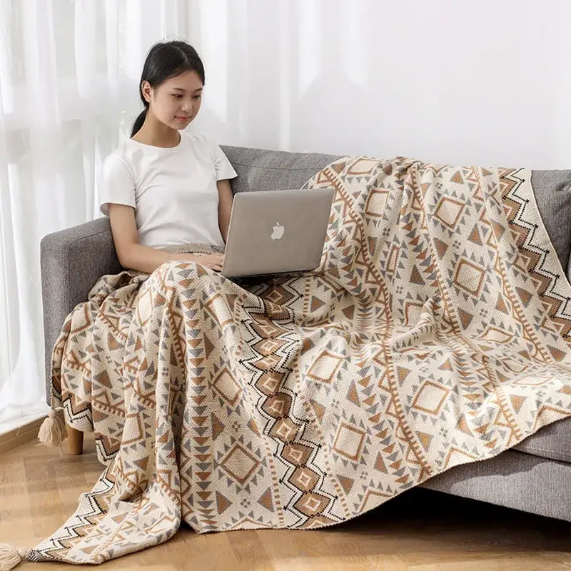 Oat Beige Tassel Knit Blanket