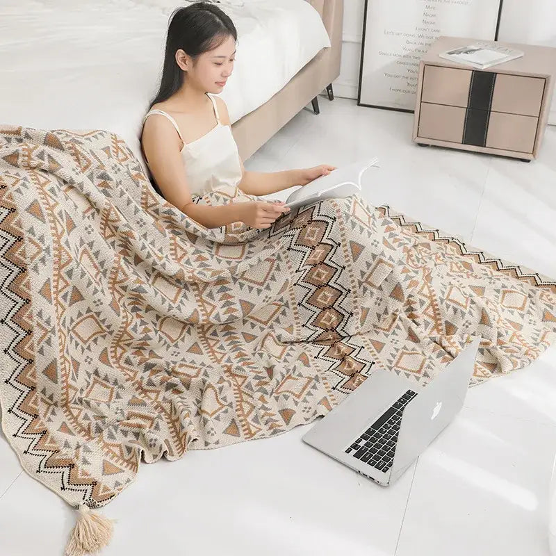 Oat Beige Tassel Knit Blanket