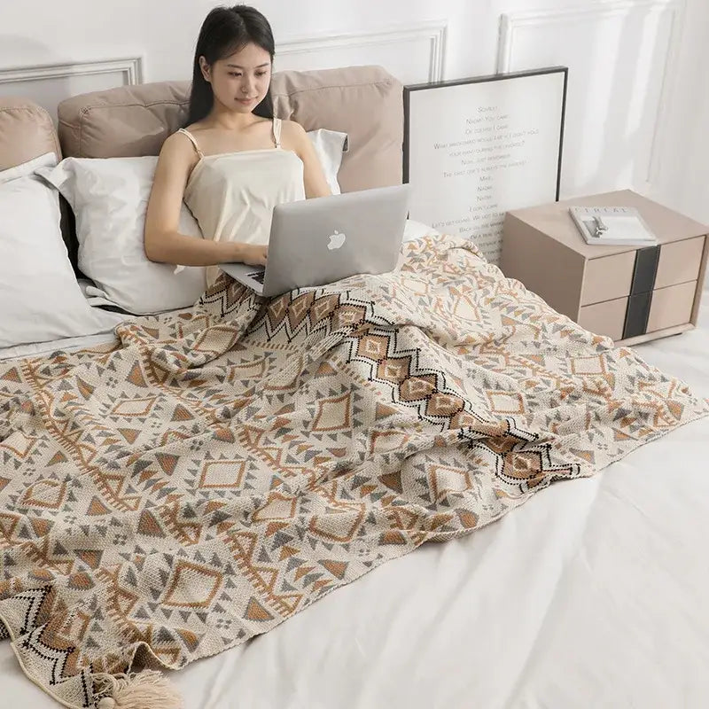 Oat Beige Tassel Knit Blanket