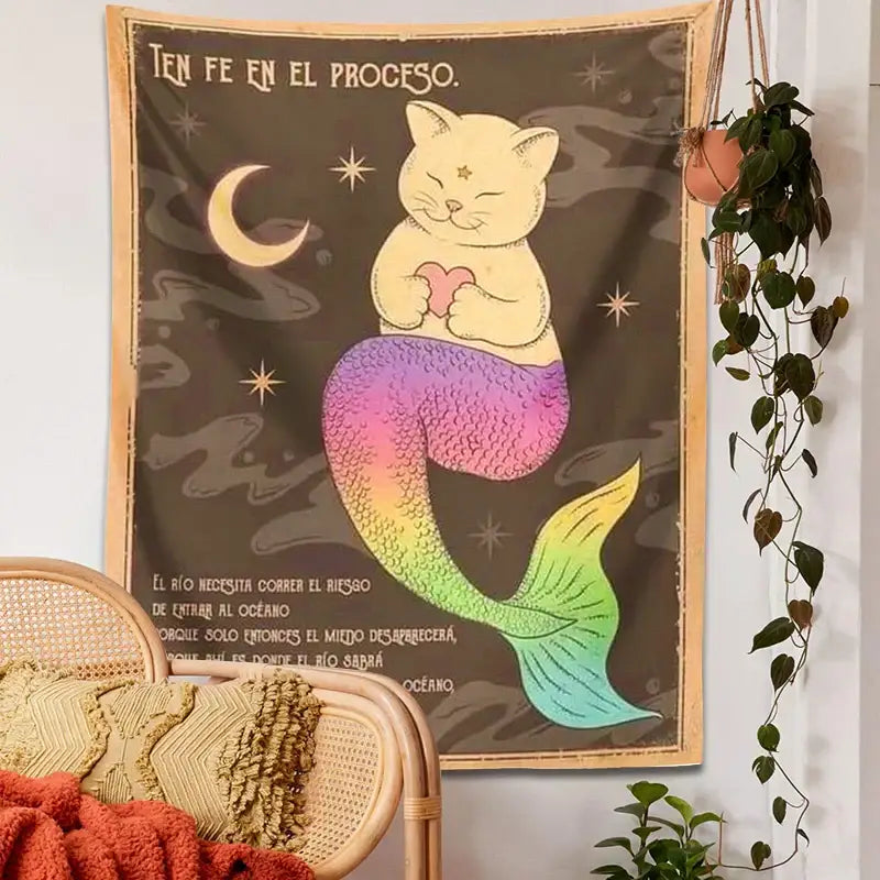 Rainbow Mermaid Cat Tapestry