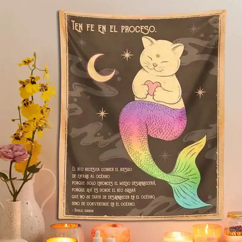 Rainbow Mermaid Cat Tapestry