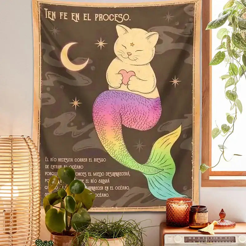 Rainbow Mermaid Cat Tapestry