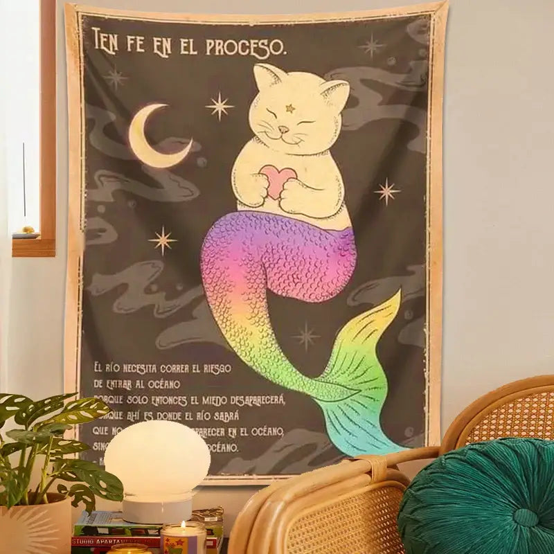 Rainbow Mermaid Cat Tapestry