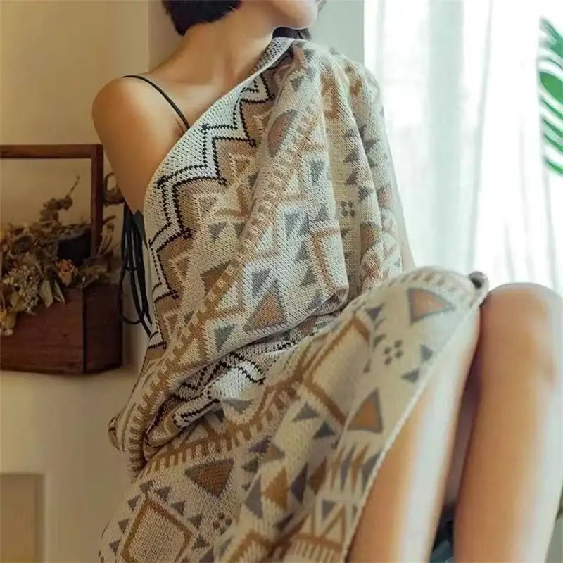 Beige Boho Knit Throw