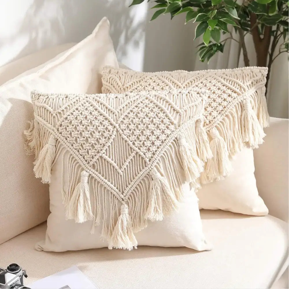 Beige Macrame Fringe Pillow