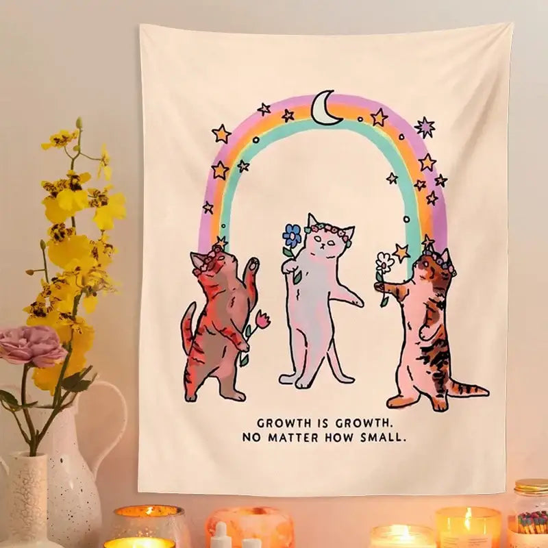 Beige Floral Cat Tapestry