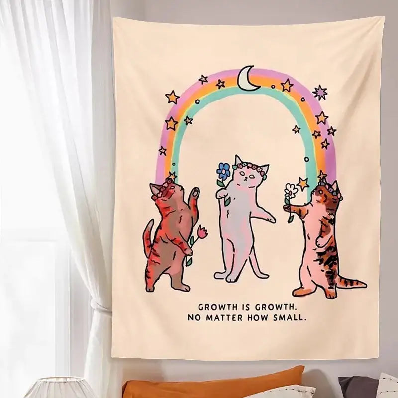 Beige Floral Cat Tapestry