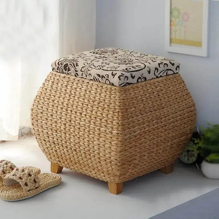 Beige Woven Rattan Stool