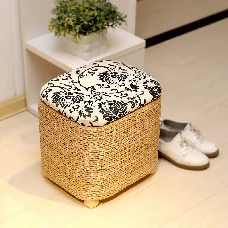 Beige Woven Rattan Stool