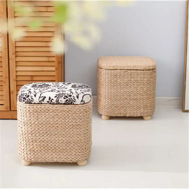 Beige Woven Rattan Stool