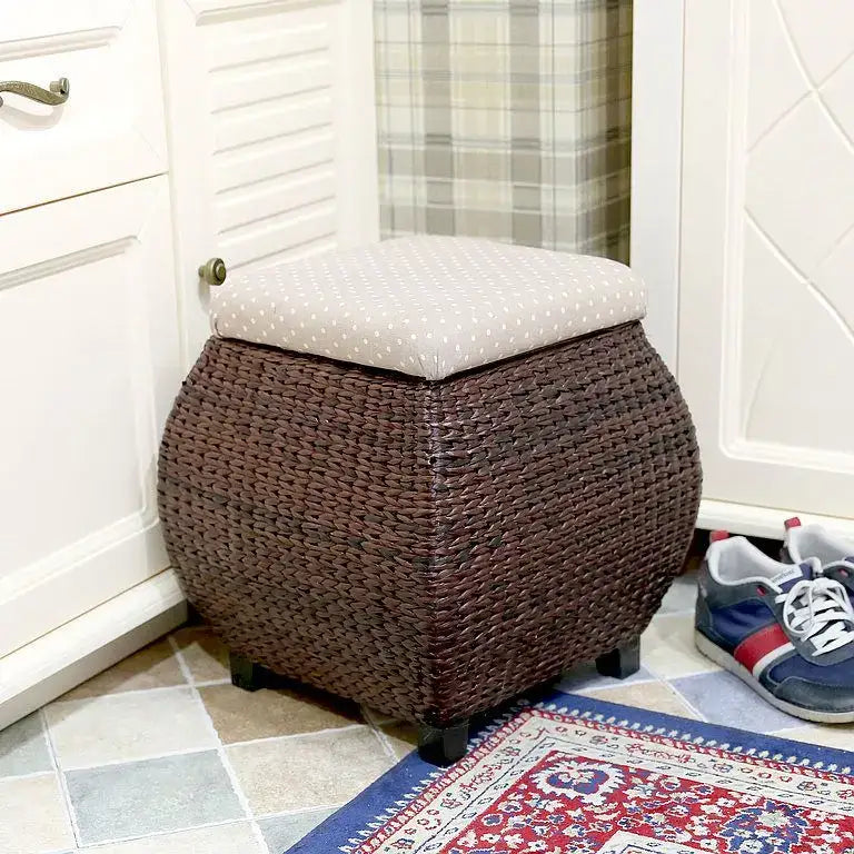 Beige Woven Rattan Stool
