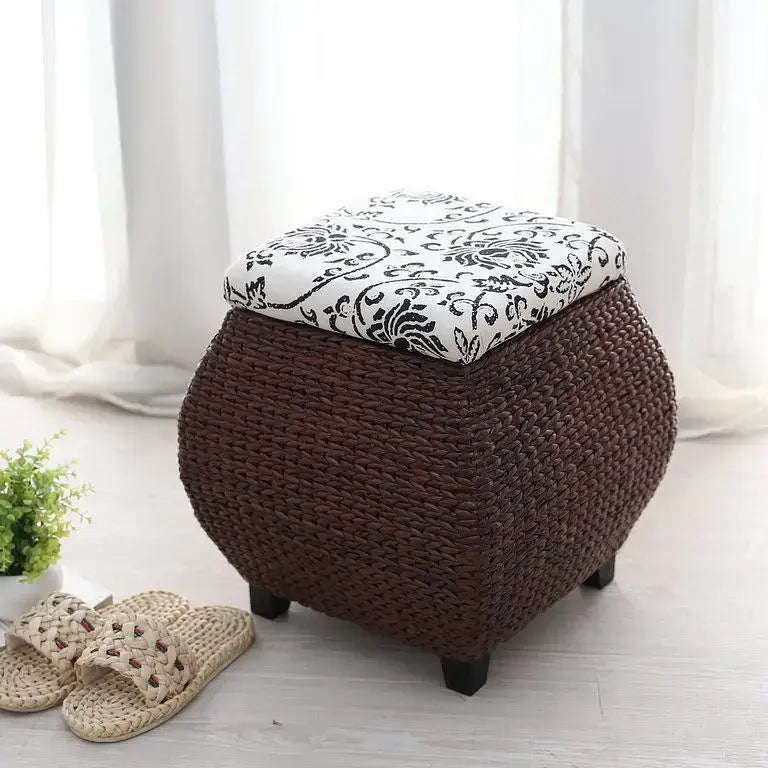 Beige Woven Rattan Stool