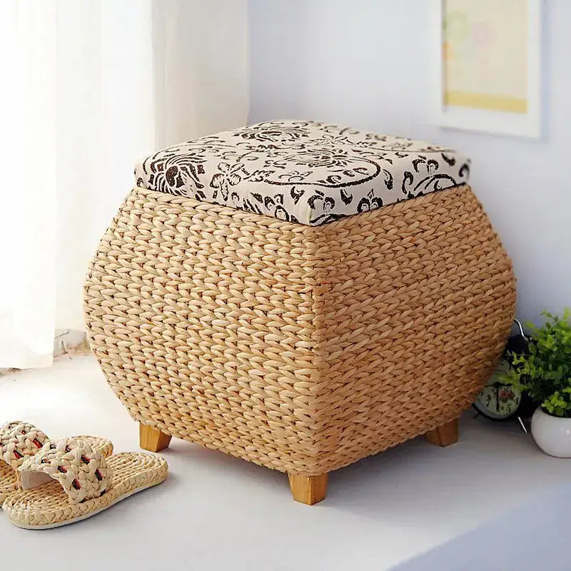 Beige Woven Rattan Stool