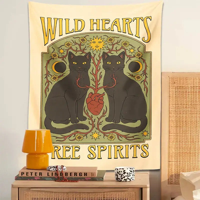 Cream Cat Hearts Tapestry