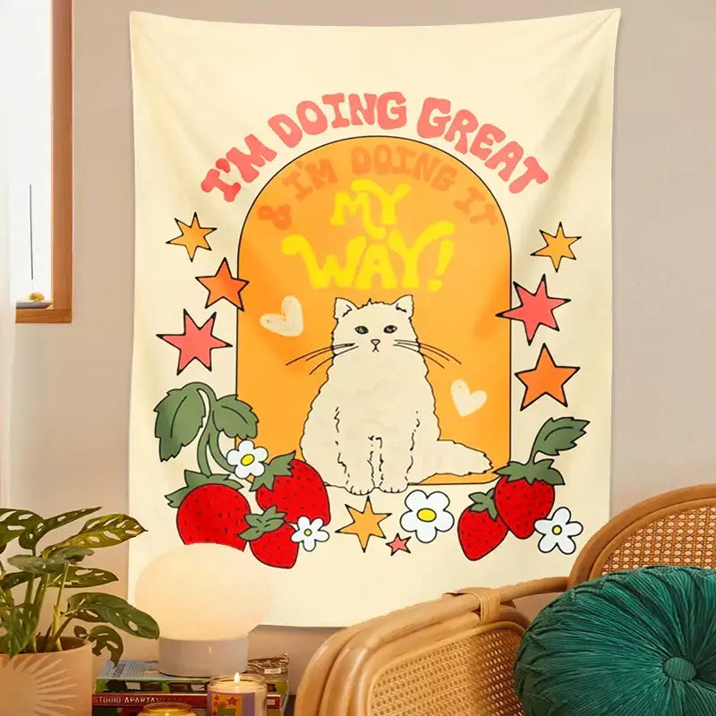 Cream Cat Strawberry Tapestry