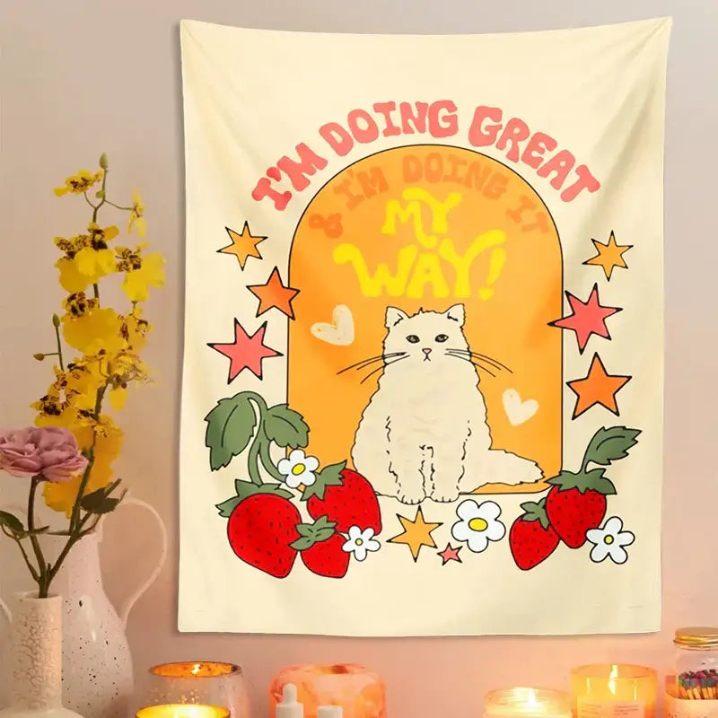 Cream Cat Strawberry Tapestry
