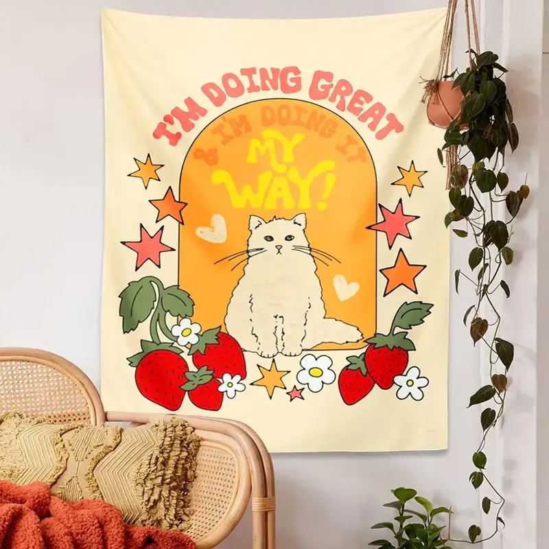 Cream Cat Strawberry Tapestry